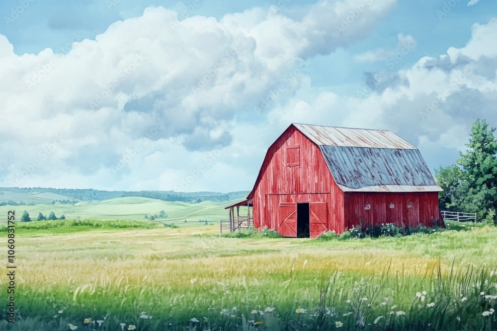 A classic rural scene with a red barn surrounded by a green field A classic rural scene with a red barn surrounded by a green field