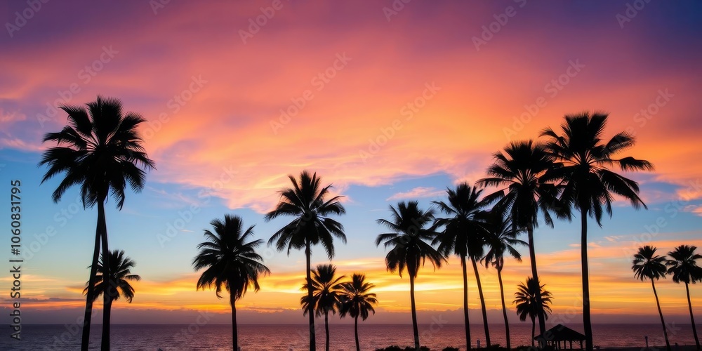 Vibrant sunset sky with silhouetted palm trees and calm ocean, sunset, scenic Vibrant sunset sky with silhouetted palm trees and calm ocean, sunset, scenic