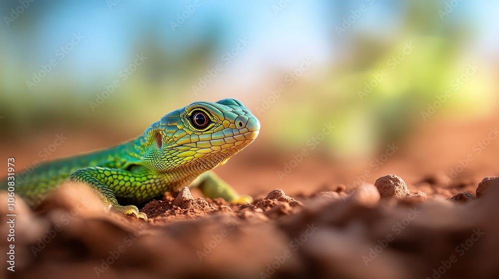 Lizard eye close-up, vibrant green scales, soft desert background, high detail Lizard eye close-up, vibrant green scales, soft desert background, high detail