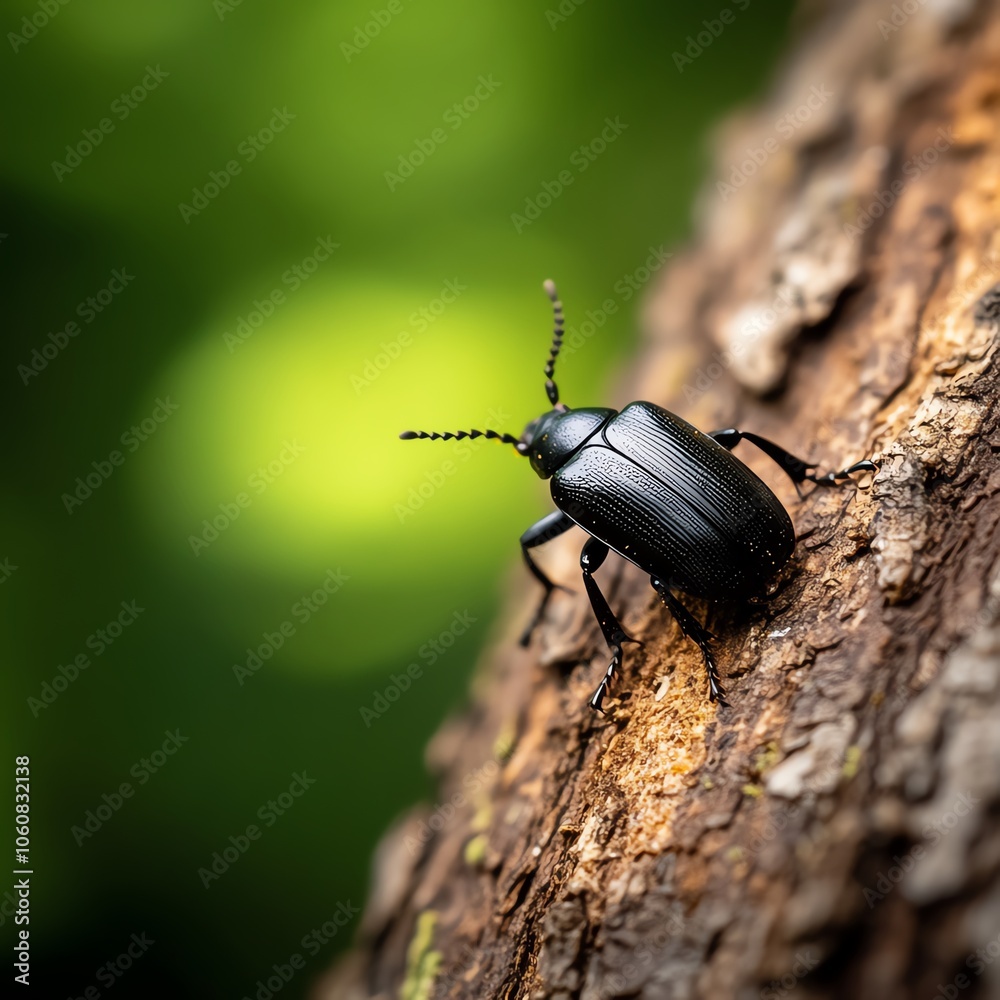 Macro shot of beetle on tree bark, sharp texture, blurred woodland background Macro shot of beetle on tree bark, sharp texture, blurred woodland background