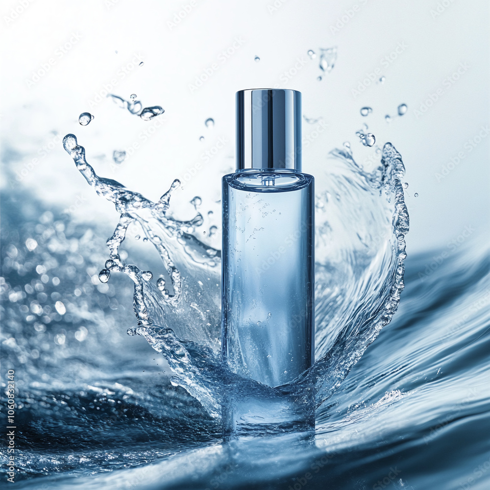 A clear glass bottle of perfume stands in a splash of water A clear glass bottle of perfume stands in a splash of water
