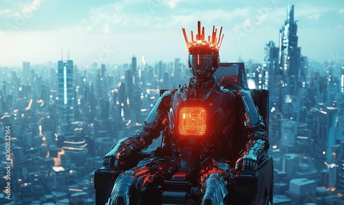 Robotic king overlooking futuristic city.