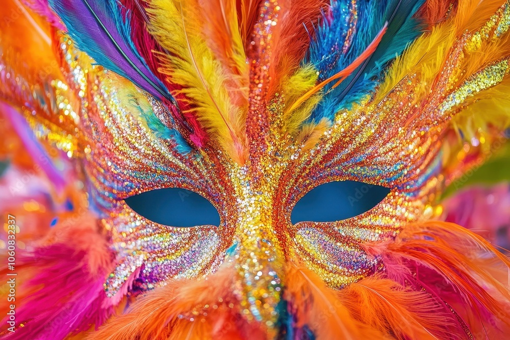 A carnival mask adorned with feathers and sequins in bright, sparkling colors. A carnival mask adorned with feathers and sequins in bright, sparkling colors.