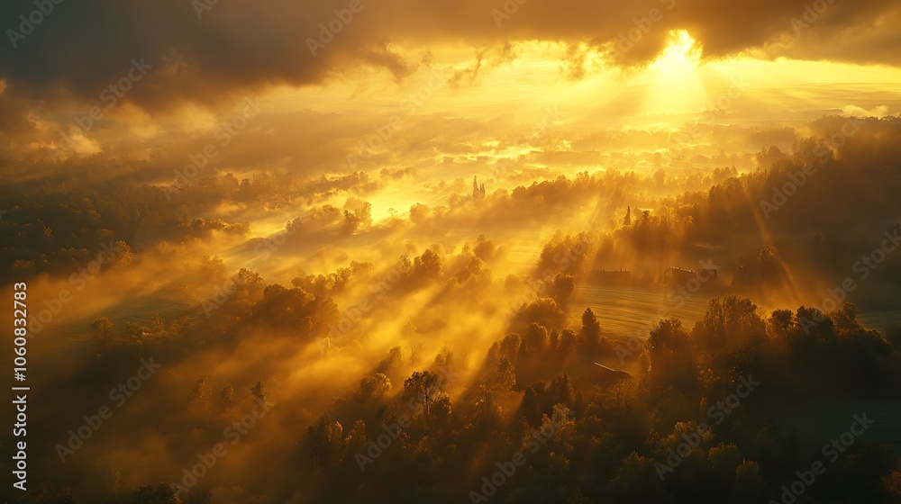 Aerial perspective of farmland blanketed in dense fog, soft light breaking through at sunrise, golden rays illuminating fields in patches, mist drifting over trees and fields, Aerial perspective of farmland blanketed in dense fog, soft light breaking through at sunrise, golden rays illuminating fields in patches, mist drifting over trees and fields,