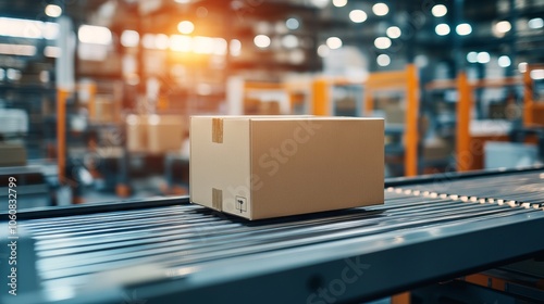 Box on a Conveyor Belt in a Modern Warehouse Interior. AI generated illustration