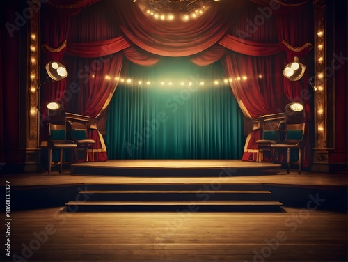 An empty theater stage with elegant red curtains and stairs