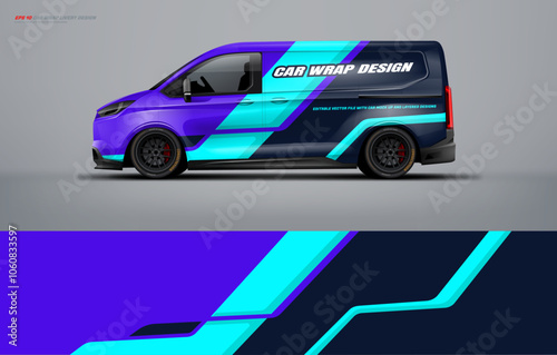 van wrap design for universal medium van, with a touch of Abstract simple racing Graphics in purple, blue and black with background. Vector eps print ready printable file.