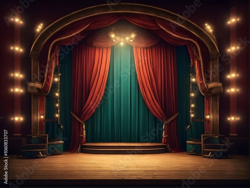 An empty theater stage with elegant red curtains and stairs