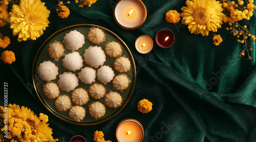 A flat lay of traditional Indian sweets like laddus and delicate cookies placed on an elegant table with a green velvet cloth and gold trimming and yellow flowers, and small red candles. photo