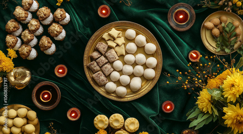 A flat lay of traditional Indian sweets like laddus and delicate cookies placed on an elegant table with a green velvet cloth and gold trimming and yellow flowers, and small red candles. photo