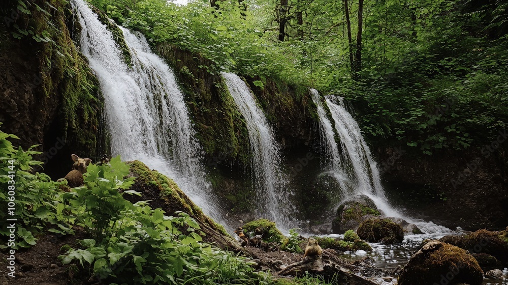 Lush greenery surrounds a cascading waterfall in a forest. Lush greenery surrounds a cascading waterfall in a forest.