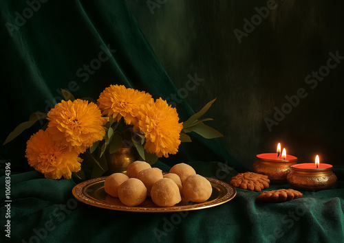 A flat lay of traditional Indian sweets like laddus and delicate cookies placed on an elegant table with a green velvet cloth and gold trimming and yellow flowers, and small red candles. photo