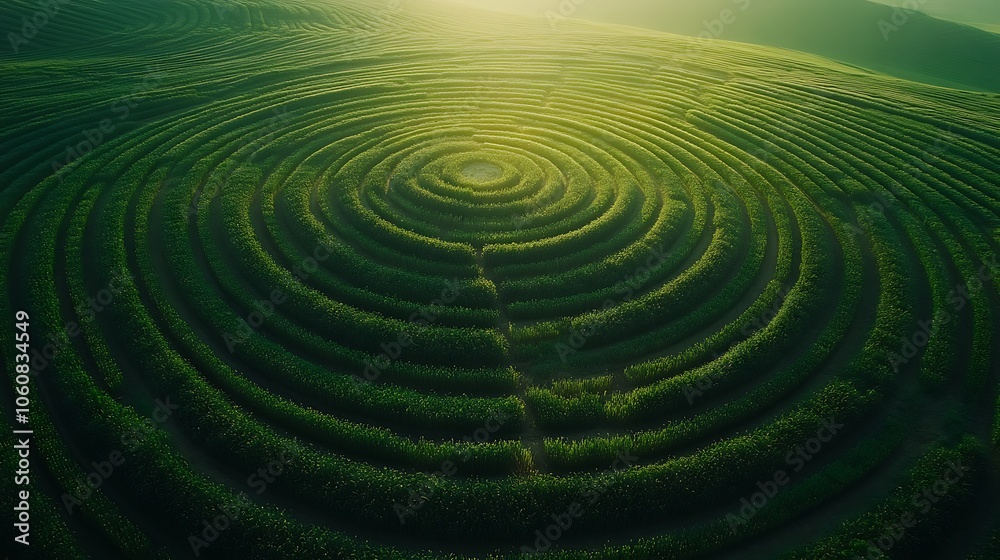 Aerial shot of circular farmland irrigation patterns, varying shades of green creating a mosaic effect, clear lines of crops arranged in large circles, bright sunlight accentuating textures,