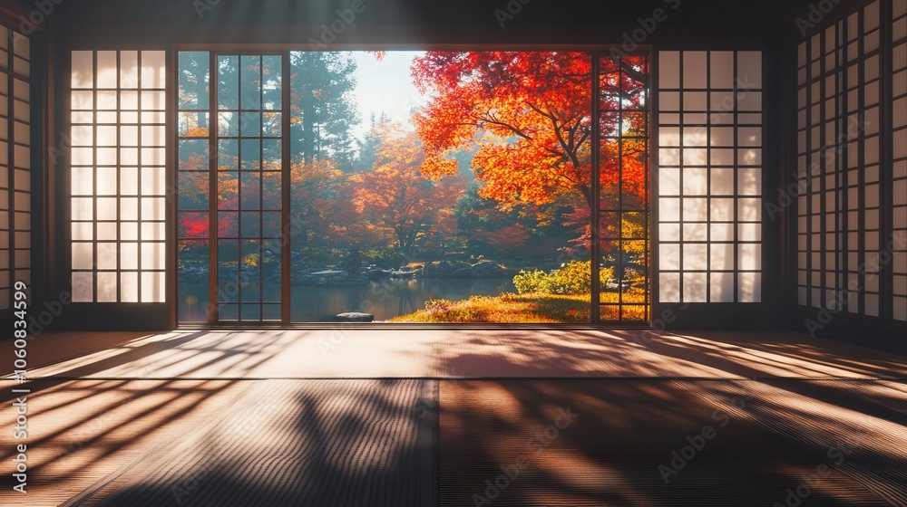 Japanese Tatami Room Overlooking Autumn Garden with Colorful Trees and Pond. AI generated illustration Japanese Tatami Room Overlooking Autumn Garden with Colorful Trees and Pond. AI generated illustration