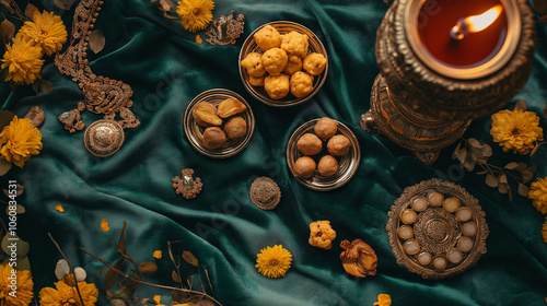 A flat lay of traditional Indian sweets like laddus and delicate cookies placed on an elegant table with a green velvet cloth and gold trimming and yellow flowers, and small red candles. photo