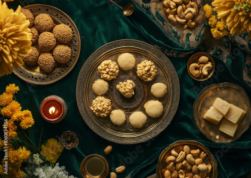 A flat lay of traditional Indian sweets like laddus and delicate cookies placed on an elegant table with a green velvet cloth and gold trimming and yellow flowers, and small red candles. photo