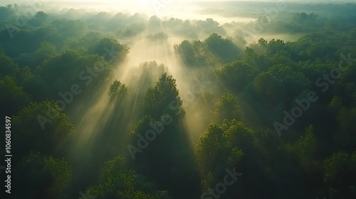 Aerial shot of dense forest under a blanket of morning mist, sunlight creating soft highlights through fog, treetops barely visible, mysterious and serene atmosphere, detailed textures, peaceful dawn.