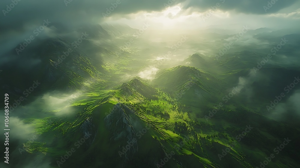 Aerial shot of expansive green hills with forested slopes, sunlight filtering through clouds to create dynamic light across valleys and peaks, mist gently filling the lowlands, high-detail foliage, Aerial shot of expansive green hills with forested slopes, sunlight filtering through clouds to create dynamic light across valleys and peaks, mist gently filling the lowlands, high-detail foliage,