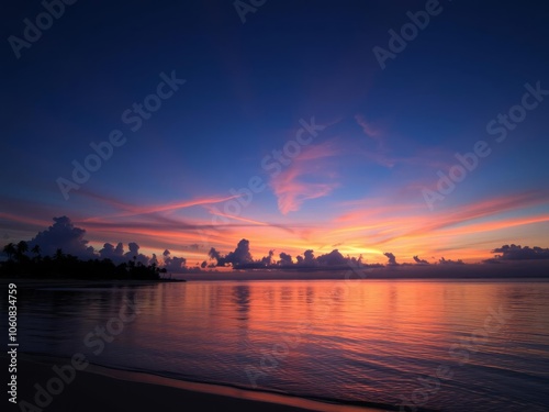 Vivid orange and pink sunset over a calm sea with silhouetted palm trees, picturesque, nature