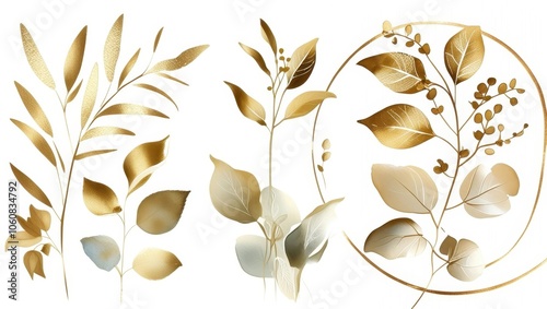 Golden botanical elements, watercolor leaves, metallic floral designs, shimmering petals, delicate branches, abstract nature motifs, gold foil accents, elegant plant silhouettes, minimalist flower ill