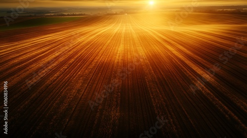 Aerial shot of farmland at sunset, wide expanses of tilled soil with long shadows stretching across the landscape, evening sun casting a golden glow over the fields,