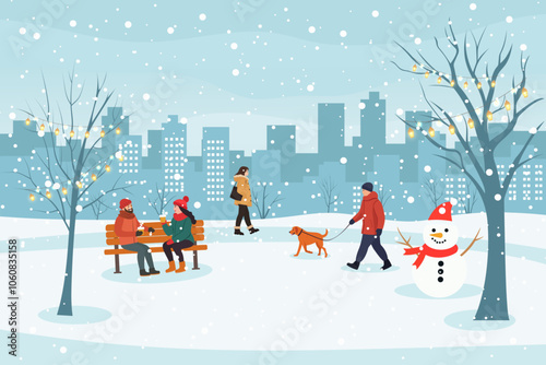 City winter park with people, a man with a dog, lovers on a bench, a snowman, trees, paths and lanterns against the backdrop of the city. Winter Christmas vector illustration.
