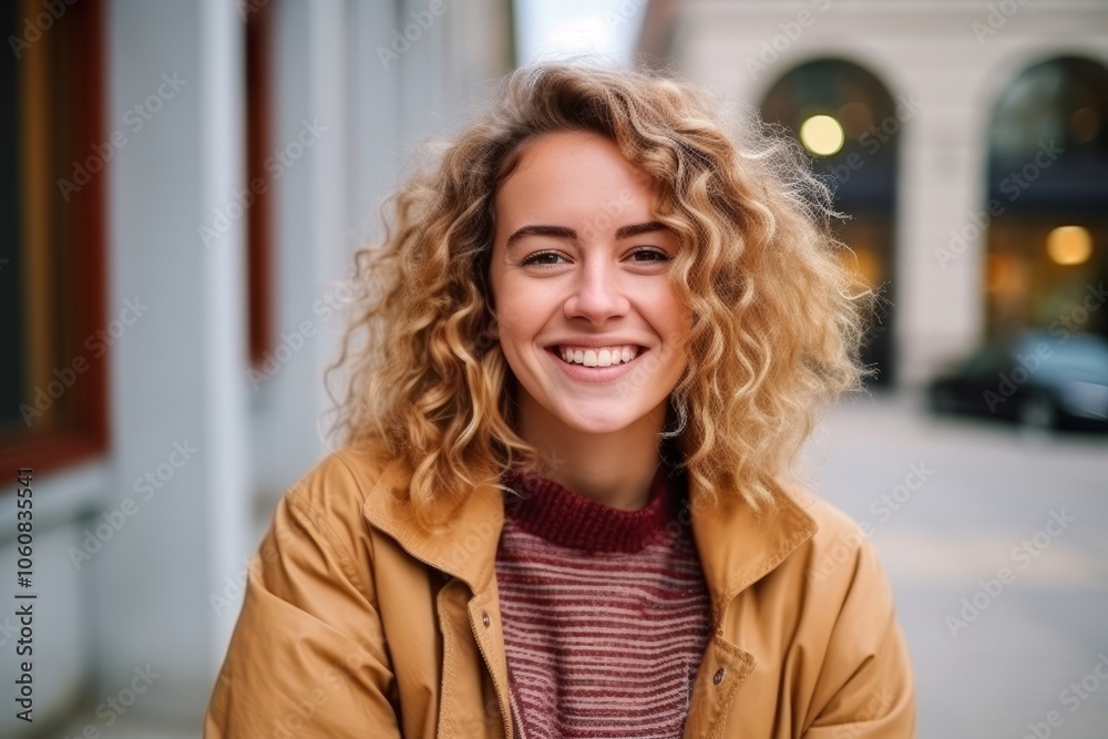Portrait of a beautiful young woman with blond curly hair in the city Portrait of a beautiful young woman with blond curly hair in the city