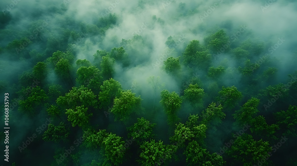 Aerial view above a fog-laden pine forest, dense green treetops disappearing into mist, low light creating an ethereal glow, calm and serene atmosphere, fog flowing between trees,
