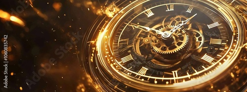 Dynamic Clock with Gears Spinning on an Abstract Background. AI generated illustration