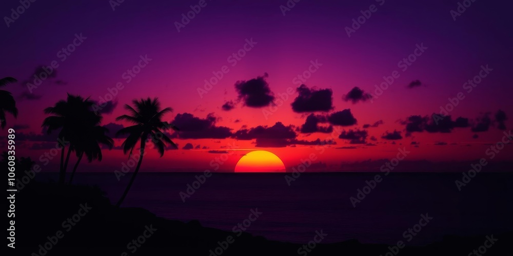 Naklejka premium Vibrant orange and purple sunset over the ocean with silhouetted palm trees, calm, scenic