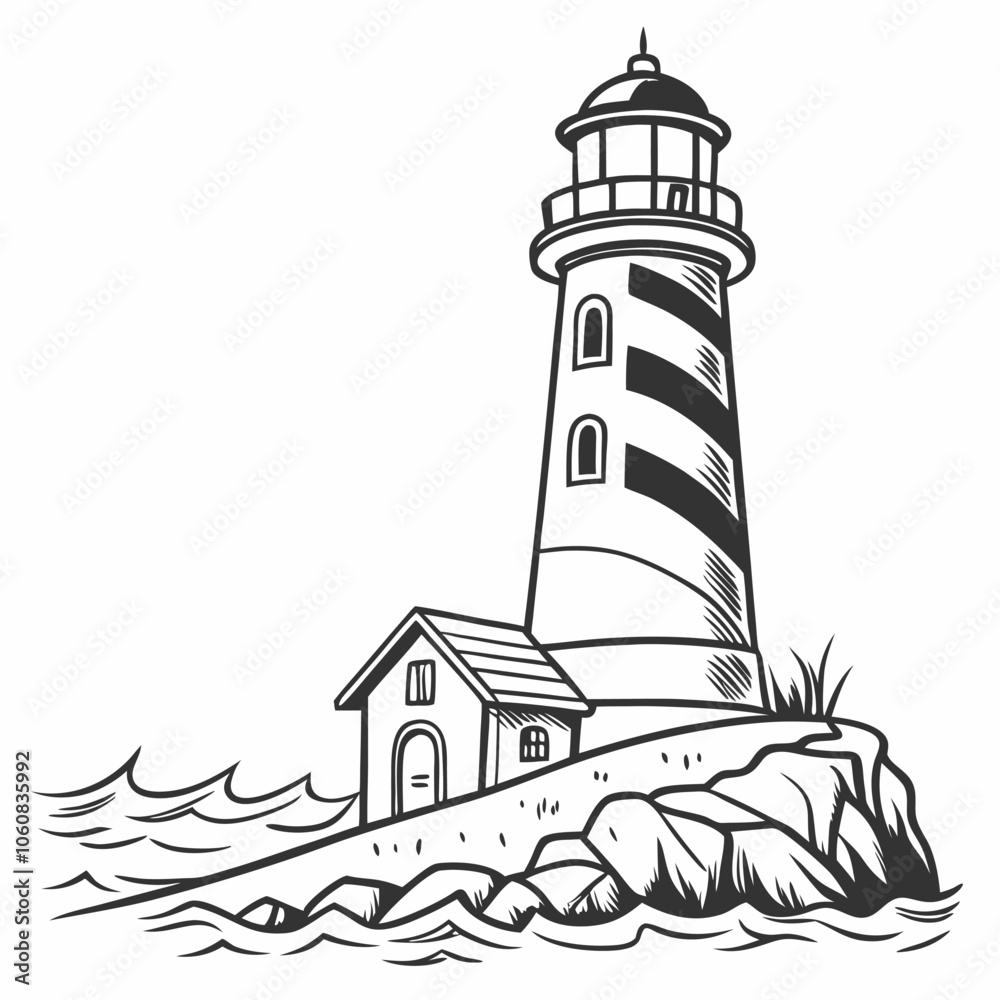 A hand-drawn illustration of a lighthouse standing tall on a rocky cliff with crashing waves. The lighthouse is a symbol of hope, guidance, and safety, perfect for nautical themes, coastal designs. A hand-drawn illustration of a lighthouse standing tall on a rocky cliff with crashing waves. The lighthouse is a symbol of hope, guidance, and safety, perfect for nautical themes, coastal designs.