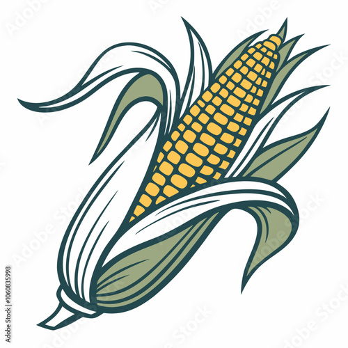 A hand-drawn illustration of a corn cob with its husks, perfect for adding a touch of rustic charm to your designs. This classic image is ideal for farm-themed projects, food-related illustrations.