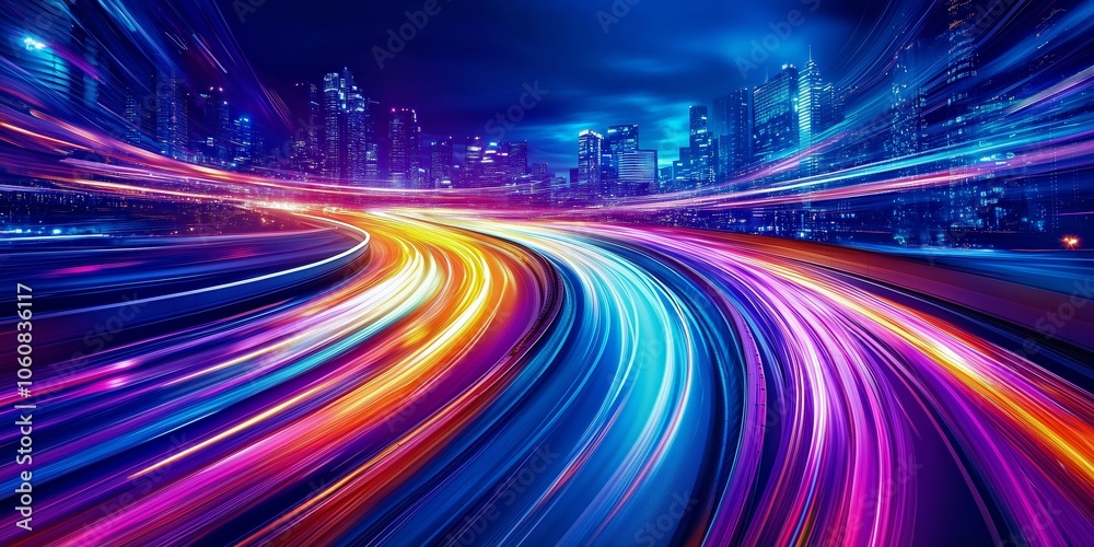 ong-exposure shot of colorful light trails on a highway at dusk ong-exposure shot of colorful light trails on a highway at dusk