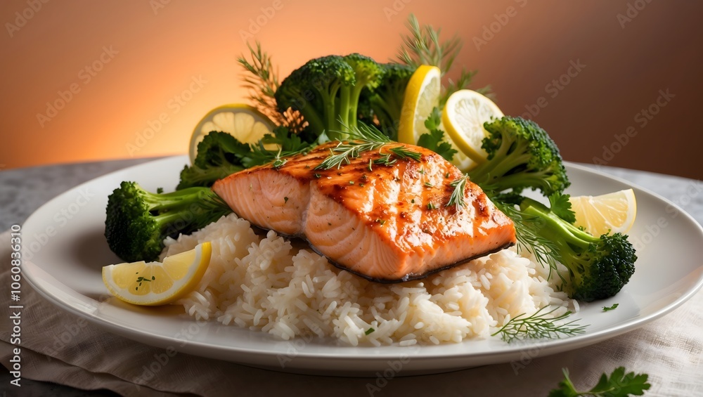 a cinematic photograph of a succulent grilled salmon fillet, served atop a bed of fluffy steamed rice, surrounded by a medley of vibrant green broccoli florets a cinematic photograph of a succulent grilled salmon fillet, served atop a bed of fluffy steamed rice, surrounded by a medley of vibrant green broccoli florets