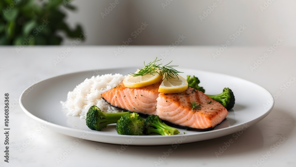 a serene, minimalist photography style capturing a balanced meal featuring a succulent grilled salmon fillet a serene, minimalist photography style capturing a balanced meal featuring a succulent grilled salmon fillet