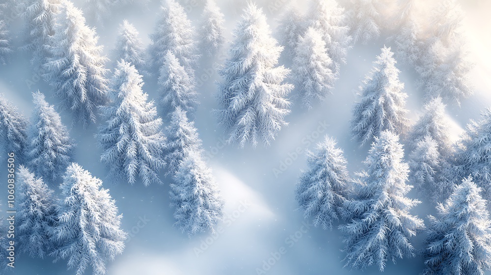 Aerial view of a dense pine forest blanketed in fresh snow, snow-covered treetops creating geometric patterns, soft sunlight casting gentle shadows on the white landscape, crisp winter atmosphere, Aerial view of a dense pine forest blanketed in fresh snow, snow-covered treetops creating geometric patterns, soft sunlight casting gentle shadows on the white landscape, crisp winter atmosphere,