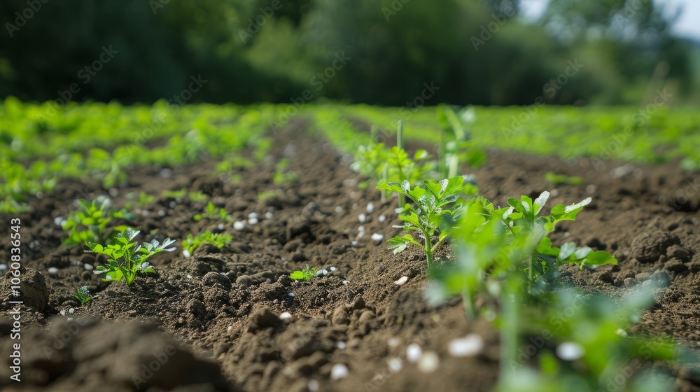Close-up of a row of young plants growing in freshly tilled soil. The lush green leaves contrast beautifully with the dark brown earth. Close-up of a row of young plants growing in freshly tilled soil. The lush green leaves contrast beautifully with the dark brown earth.
