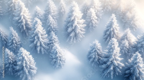 Aerial view of a dense pine forest blanketed in fresh snow, snow-covered treetops creating geometric patterns, soft sunlight casting gentle shadows on the white landscape, crisp winter atmosphere,