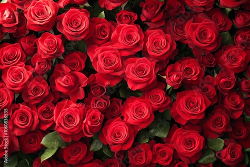 Overhead View of a Stunning Bouquet of Red Roses in Symmetrical Arrangement. AI generated illustration