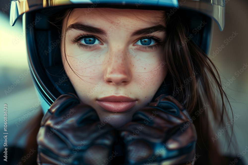 Young woman wearing motor helmet and gloves. Young woman wearing motor helmet and gloves.