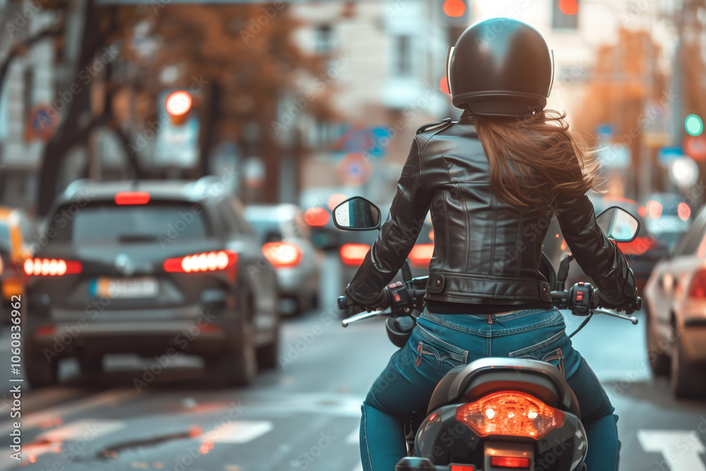A woman in a leather jacket and jeans riding on her motorcycle through traffic on a city street. A woman in a leather jacket and jeans riding on her motorcycle through traffic on a city street.