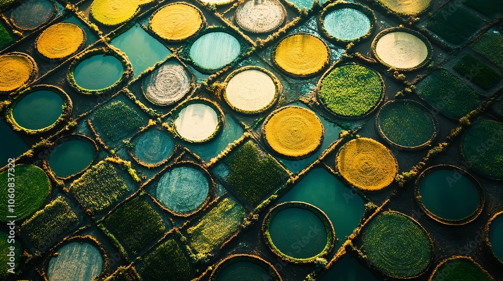 Aerial view of farmland with large, circular irrigation patterns, vibrant green and golden crop circles forming geometric designs, sunlight casting soft shadows, contrasting textures in each field, Aerial view of farmland with large, circular irrigation patterns, vibrant green and golden crop circles forming geometric designs, sunlight casting soft shadows, contrasting textures in each field,