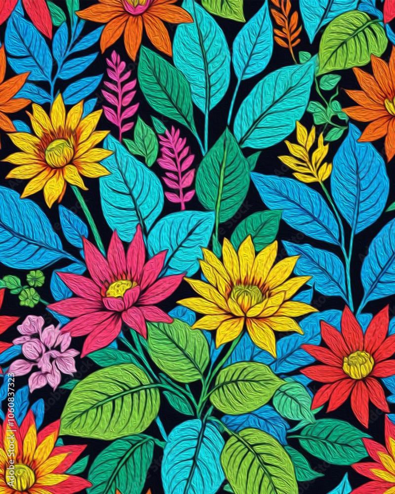 Botanical pattern for printing on wall decorations, covers. Artistic brush strokes. Oil painting Botanical pattern for printing on wall decorations, covers. Artistic brush strokes. Oil painting