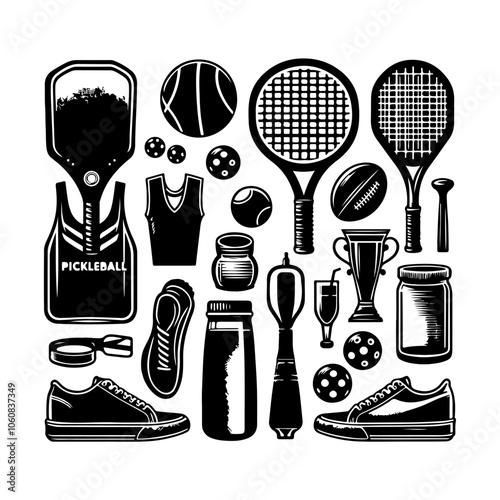 Pickleball equipment set silhouette vector Vintage Pickleball logo badge label vector, pickleball racket, ball on white background