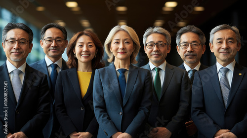 Seven professionals, including men and women in business suits, pose together in a modern office environment, showcasing teamwork and unity