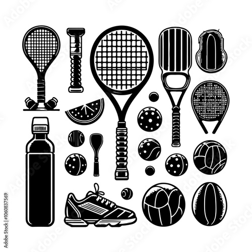 Pickleball equipment set silhouette vector Vintage Pickleball logo badge label vector, pickleball racket, ball on white background