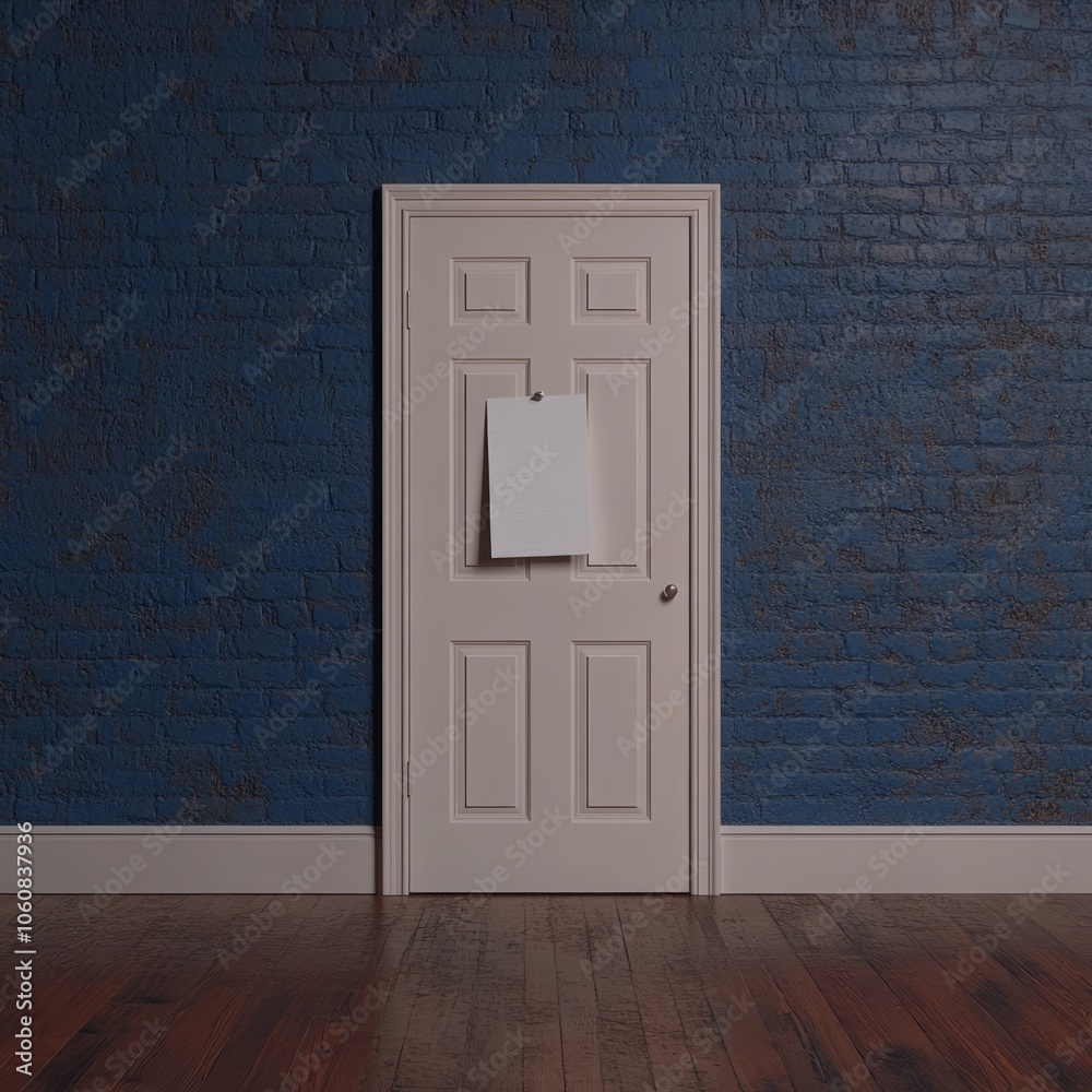 A white door with a blank piece of paper taped to it, set against a blue brick wall. A white door with a blank piece of paper taped to it, set against a blue brick wall.