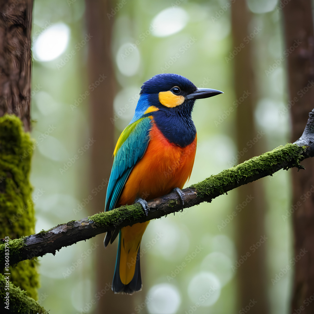 A colorful bird sits on a branch in the forest A colorful bird sits on a branch in the forest