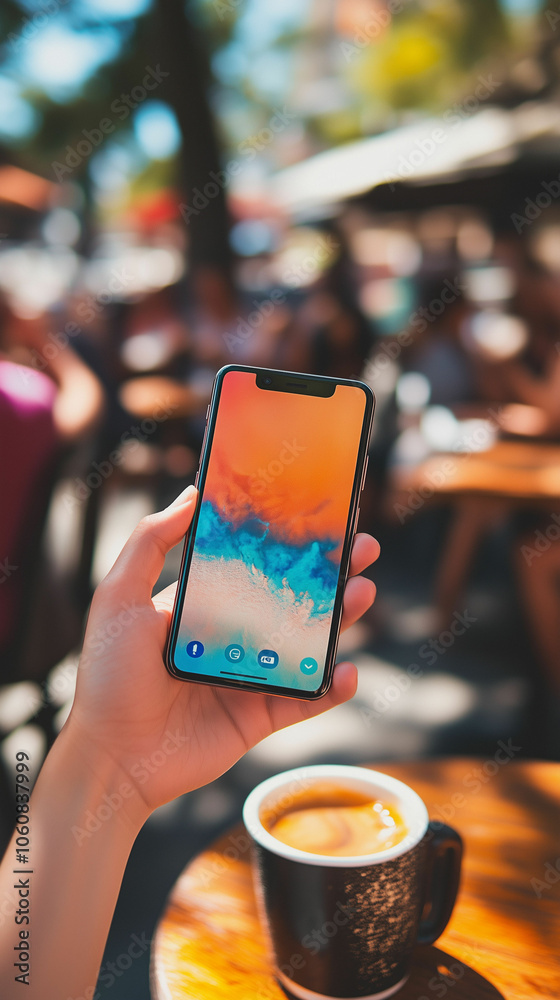 A close-up of a smartphone displaying a vibrant wallpaper, captured in a bustling café during a sunny afternoon