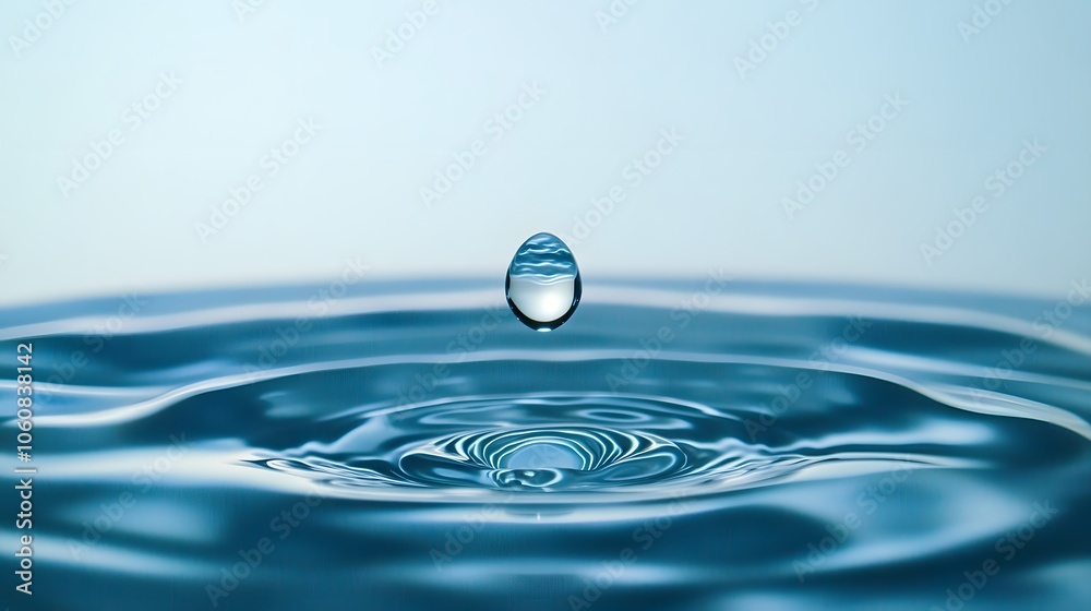 A single water drop suspended in mid-air before hitting the surface A single water drop suspended in mid-air before hitting the surface